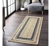 Tapis indien en jute naturelle tressé à la main, respectueux de l'environnement, tapis bohème pour chambre à coucher, salon, ferme, décoration de chambre d'enfant, couleur naturel/bleu marine, 0,6 x