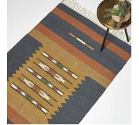 HOMESCAPES Tapis Kilim en Coton et Jute, Tapis Bleu Lundi, Tapis de Salon Artisanal 120x170 cm