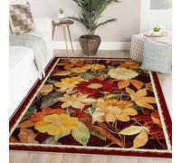 Tapis Lavable 160x220cm Rugs Fins pour Le Salon Floraux d’Automne pour la Chambre Salle à Manger Bordeaux avec Fleurs Jaune Moutarde sous Le Tapis