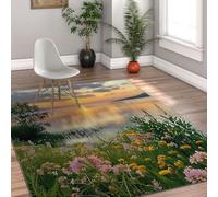 Tapis Lavable 60x120cm Rugs au Printemps Forêt au Bord du lac Rugs Rose Fleur Jaune Tapis Motif de Coucher de Soleil de rêve Moquette Fine d’intérieur pour café de Cuisine