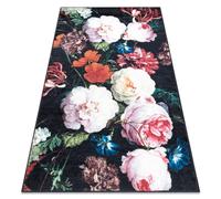 Tapis lavable ANDRE 1629 fleurs vintage antidérapant - noir et rose 120x170 cm
