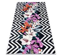 Tapis lavable ANDRE 2300 fleurs zigzag antidérapant - noir et blanc 80x150 cm