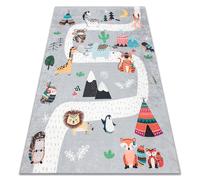 Tapis lavable BAMBINO 2160 Rues village indien animaux pour enfants antidérapant - gris 80x150 cm