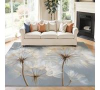 Tapis Lavable Pissenlit Fleur Tiges Bleu Blanc Tapis Interieur | Minimaliste Luxe Discret Doux Antidérapant Tapis 80 x 150 cm Flanelle Moquette pour Salon Chambre à Coucher d'enfant Entrée