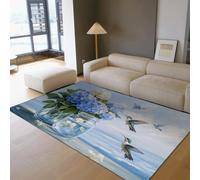 Tapis lavables 160x220cm Rugs Fin Moderne Abstrait antidérapant pour Salon entrée Cuisine hortensias Bleu Blanc Bouquet de Fleurs Oiseaux Tapis intérieur Ciel