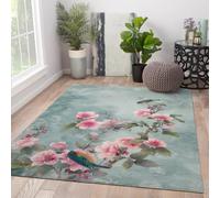 Tapis lavables pour Salon 120x150cm Rugs Vintage Fleuri antidérapant à Poil Bas Neutre Plaid Rose Pivoine Fleurie Oiseau Grand Tapis pour Salle à Manger