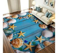Tapis Méditerranéen pour Salon Salle à manger Chambre à coucher, Tapis Poil Ras Étoile-De-Mer Coquillages Perles Doux antidérapant, Decoration Maison Grand Interieur Moquette ( Bleu, 100 x 150 cm )