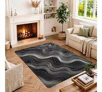 Tapis moderne avec lignes topographiques abstraites 1,2 x 1,8 m | Art abstrait monochromatique, lignes ondulées modernes, accents d'entrée contemporains, graphique à contraste élevé