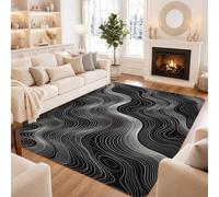 Tapis moderne avec lignes topographiques abstraites 1,5 x 2,1 m | Art abstrait monochromatique, lignes ondulées modernes, accents d'entrée contemporains, graphique à contraste élevé