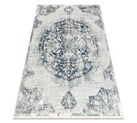 Tapis moderne DISTIN 0820A bleu marine / bleu / blanc - Ornement vintage franges 180x270 cm
