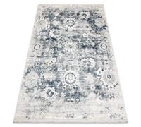 Tapis moderne DISTIN 0822A bleu marine / bleu / blanc - Rosace vintage franges 80x150 cm