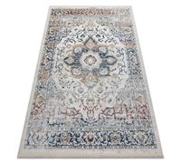 Tapis moderne DISTIN 0834A bleu marine / bleu / jaune / terre cuite - Ornement vintage franges 140x190 cm