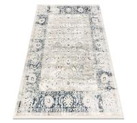 Tapis moderne DISTIN 0843A blanc / bleu marine / bleu - Ornement cadre vintage franges 140x190 cm