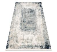 Tapis moderne DISTIN 0845A blanc / bleu marine / bleu - Abstraction cadre vintage franges 140x190 cm
