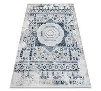 Tapis moderne DUKE 51542 crème / bleu - Rosette vintage structuré très doux franges 140x190 cm