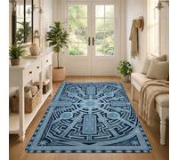 Tapis motif labyrinthe géométrique labyrinthe 0,9 x 1,5 m | Impression géométrique symétrique, travail de ligne complexe, palette bleue monochromatique, accents artistiques modernes