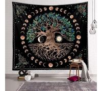 Tapis mural psychédélique Unyqoos® – Décoration murale avec l'arbre de vie et les phases de la lune, noir et blanc, 100% polyester, impression HD, avec crochets inclus