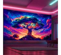 Tapis mural Unyqoos® avec motif d'arbre de vie – Réactif aux UV, en polyester doux, avec un ciel étoilé mystique dans les tons bleu et violet, agrémenté d'orange et de jaune. Décoration idéale pour le