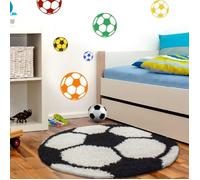 Tapis pile longue Enfant Football Basketball - CARPETTEX - 100 cm Rond - Synthétique - Noir-Blanc