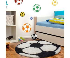Tapis pile longue Enfant Football Basketball - CARPETTEX - 100 cm Rond - Synthétique - Noir-Blanc