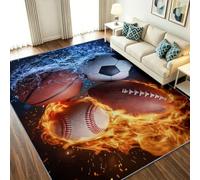 Tapis Poil Court Enfant Garçon Fille Douce Résistant Antidérapant avec Ballons Sport Feu Glace - Décoration Lavable en Machine Tapis pour Canapé/Salon/Chambre/Salle de Jeux, Sports 60 x 90 cm
