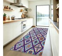 Tapis Poils Courts Lavable 60x180 cm, Tapis de Couloir Antidérapant Imprimé Bohème Mandala - Motif Géométrique Carrés Floral, Moquette Violet Foncé pour Cuisine Couloir Buanderie Entrée
