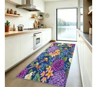 Tapis Poils Courts Lavable 80x200 cm, Tapis de Couloir Antidérapant Imprimé Aquarelle Botanique - Motif Hortensia Vignes Colibri, Moquette Bleu Foncé pour Cuisine Couloir Buanderie Entrée
