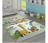 Tapis pour enfant - Beige crème - Ø 120 cm rond - Motif Jungle Animaux - Polypropylène - Intérieur - PACO HOME