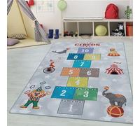 Tapis pour Enfants, Design Cirque avec marelle, Clown de Cirque, Lion, Lavable, pour garçons et Filles, Tapis pour Chambre d'enfant, Chambre de bébé Taille: 120 x 170 cm, Couleur: Gris-6