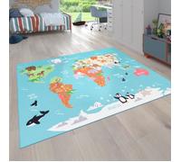 Tapis pour enfants, Tapis de jeu pour chambres d'enfants, Carte du monde avec animaux, En vert [80x150 cm]
