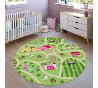 Tapis pour enfants, Tapis de jeu pour chambres d'enfants, Paysage et chevaux, En vert Ø 160 cm rond