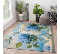 Tapis pour la Chambre 160x220cm Hortensia Colibri Espace Rugs Aquarelle Vase en Verre Fleuri Bleu Blanc Tapis d’intérieur Fin pour la Salle à Manger