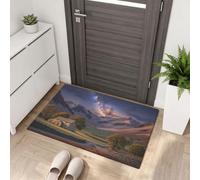 Tapis Réaliste Vallée pour entrée, tapis de porte d'entrée d'intérieur antidérapant lavable en machine pour cuisine, paillasson décoré de Voie Lactée Maison De Pierre doux,Brun Vert 45 x 75 cm