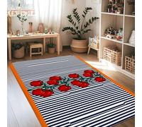 Tapis rectangulaire à poils courts en éponge à rayures rustiques avec tige verte, rouge d'été, tapis de sol rectangulaire pour salon, chambre à coucher, cuisine, couloir, décoration 1,2 x 1,8 m