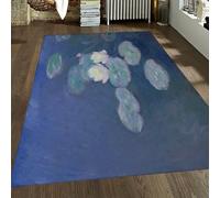 Tapis rectangulaire Nymphéas 60x90cm Grandes Fleurs lavables | Tapis impressionniste à poil bas pour salon chambre bureau tapis fleuri antidérapant décoration vintage