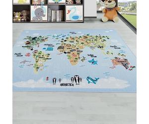 Tapis Rectangulaire pour Enfant, Bleu, Carte du Monde avec Motif Animalier, 100 x 150 cm