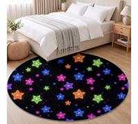 Tapis Rond 100 cm Flanelle Douce Tapis, Neon Cosmos Scintillement Étoiles Circulaire Salon Chambre Imprimé Antidérapant Intérieur Tapis de Décoration, Noir