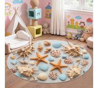 Tapis Rond 120 cm Antidérapant Tapis Salon Rond Lavable en Machine Cotier Tropical pour Salon, Chambre, Cuisine et Chambre d'enfant, Coquillage Etoile De Mer Coquilles Coques