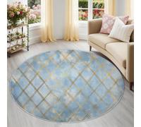 Tapis Rond 120 cm Lavable Machine, Moquette Antidérapante Poil Bas Style Géométrique, Motif Grille Losange Shabby Chic Doux pour Chambre d'amis, Bleu Doré