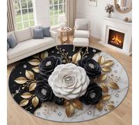 Tapis Rond 150 cm 3D Métal Camélia Plante Fleur Tapis De Salon Lavable en Machine, Doux Résistant Antidérapant Moquette De Sol en Flanelle pour Chambre Bureau Cuisine - Noir Et Blanc