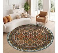 Tapis Rond 160 cm, Tapis Salon Moderne Lavable Doux Poil Ras avec Bohème Ethnique Géométrique Losange Totem Bordure Marron, Dessous antidérapant, idéal pour Chambre et décoration intérieure