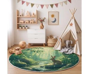 Tapis Rond 180 Cm Animaux Forêt Des Rêves Lumière Du Soleil Lapins Ruisseau | Tapis Rond Doux Antidérapant Lavable Pour Chambre À Coucher,Entrée,Salle À Manger,Dortoir,Descente De Lit Vert Émeraude