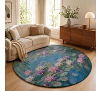 Tapis Rond 200cm Tapis à Poils Courts Nénuphars Saules Pleureurs Antidérapant Lavable Moquette Descente de Lit Peinture À L'Huile L'Étang Lotus pour Chambre à Coucher, Salle à Manger, Bleu-Vert