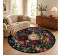Tapis Rond 200cm Tapis à Poils Courts Rose, Iris, Pivoine Antidérapant Lavable Moquette Descente de Lit Bouquet Classique Peint À L'Huile pour Chambre à Coucher, Salle à Manger, Dortoir, Vert Foncé