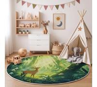 Tapis Rond 60 Cm Animaux De La Forêt Printanière Lumière Du Soleil Cerfs Plantes | Tapis Rond Doux Antidérapant Lavable Pour Chambre À Coucher, Entrée, Salle À Manger, Dortoir, Descente De Lit Vert
