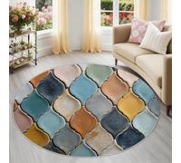 Tapis Rond 60 cm Carreaux Vintage Usés Shabby Chic, Antidérapant Tapis Salon Rond Lavable en Machine Argyle Géométrique Moelleux pour Cuisine Industrielle, Multicolore