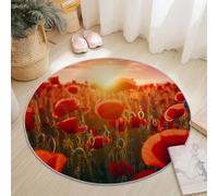 Tapis Rond 60 Cm Plantes Coquelicots Champs De Fleurs Coucher De Soleil Rouge - Ultra-Doux en Laine Fine Et Polyester, Antidérapant, Facile À Nettoyer, Résistant À L’Usure, Design Élégant Et Durable