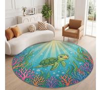 Tapis Rond 60 cm, Tapis Salon Moderne Lavable Doux Poil Ras avec Dessin Anime Cotier Tortue Marine Corail Algues Bulles Bleu, Dessous antidérapant, idéal pour Chambre et décoration intérieure