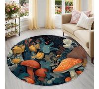 Tapis Rond 80 cm Lavable Machine, Fantaisie Botanique Moquette Antidérapante Poil Bas Bleu, Motif Champignon Feuilles Corail Baies Doux pour Salon, Chambre, Cuisine, Nursery, Bureau