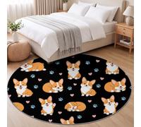 Tapis Rond 90 cm Cartoon Cœur Animal Corgi Tapis De Salon Lavable en Machine, Doux Résistant Antidérapant Moquette De Sol en Flanelle pour Chambre Bureau Cuisine - Noir